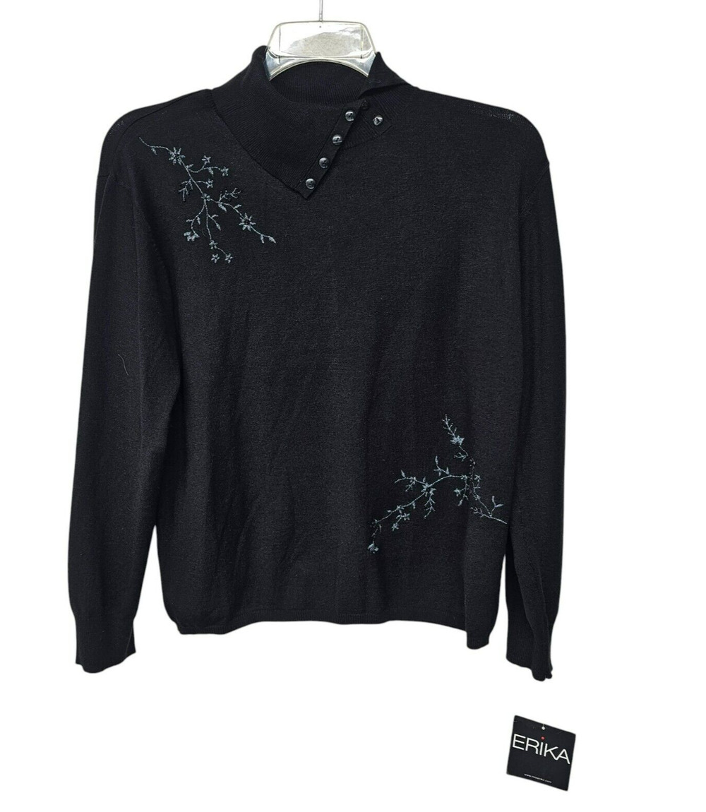 Erika Button Turtleneck Sweater Size Large Embroidered Beaded Classic Office